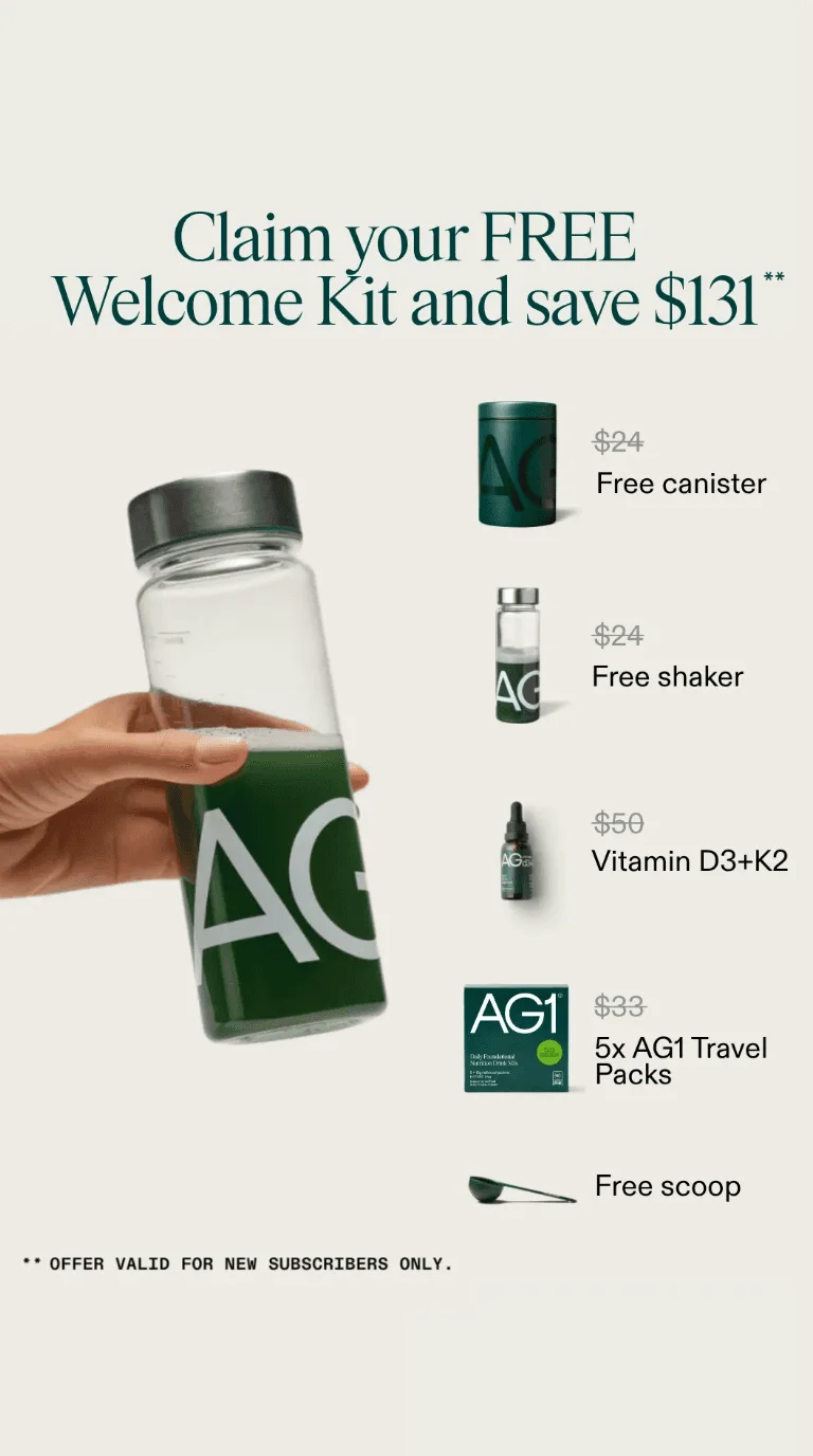 AG1 ad: Claim your free Welcome Kit and save $131, itemizing the $24 canister, $24 shaker, $50 Vitamin D3+K2 and $33 travel packs