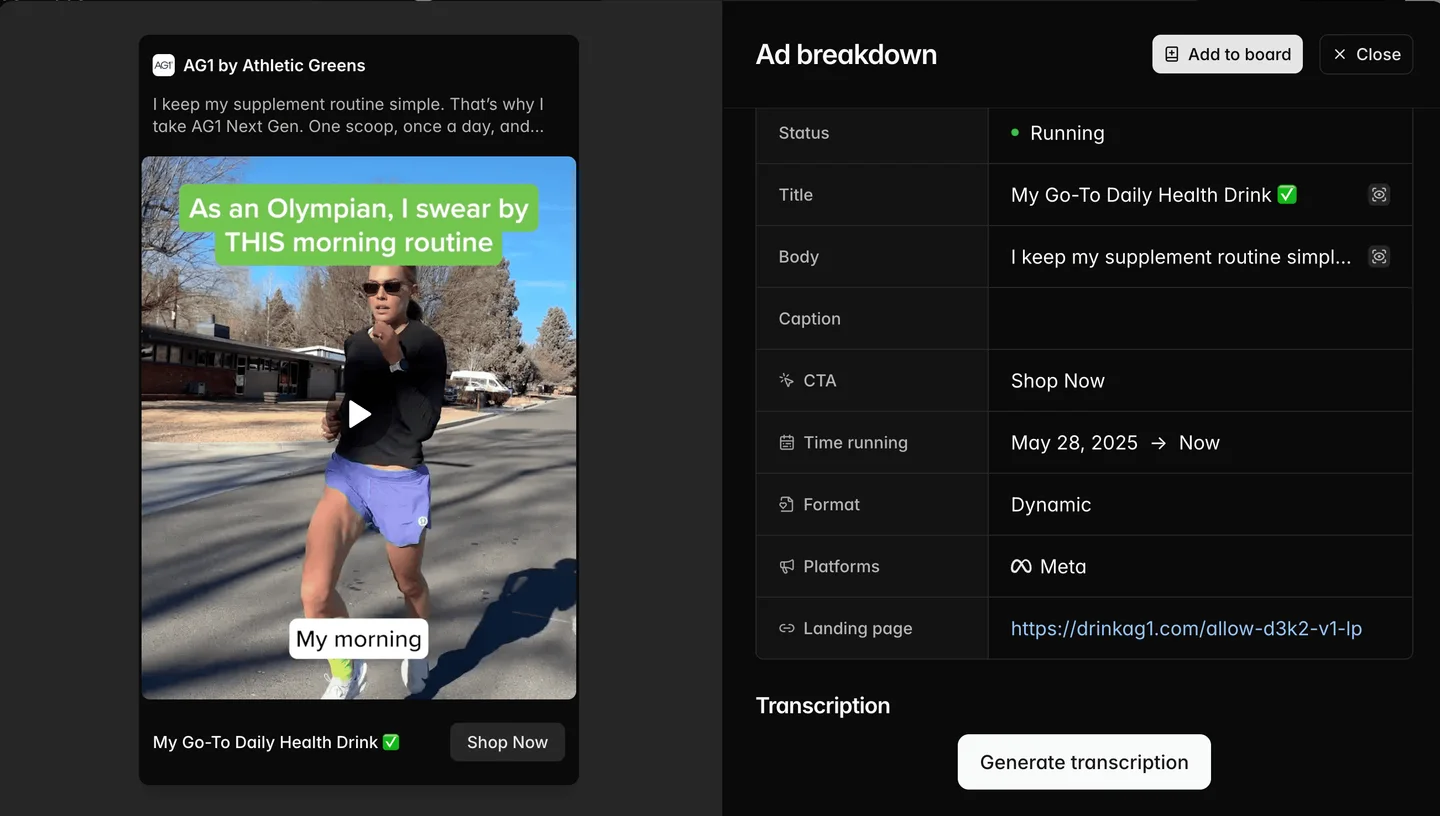 An AG1 video ad with an Olympian's morning routine, shown in Sandstorm's ad breakdown view with its caption, CTA and landing page