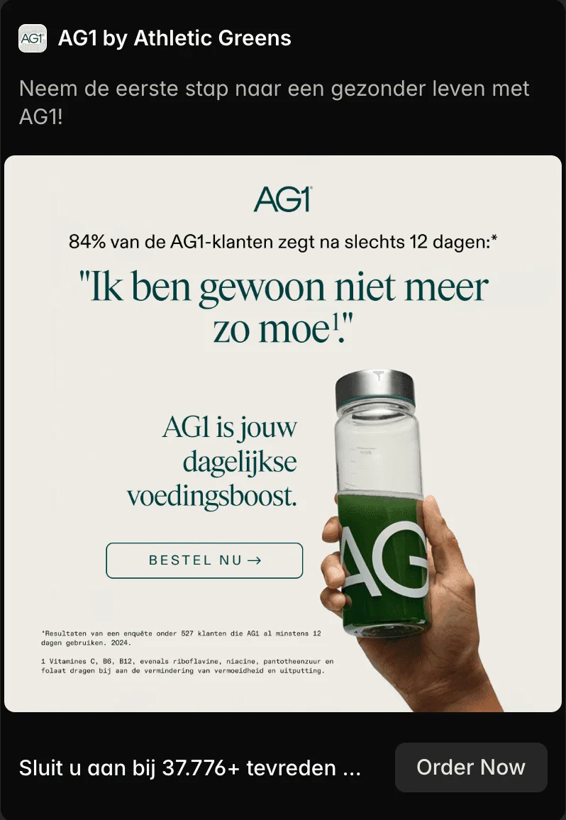 AG1 ad localized for the Netherlands: Dutch headline, a customer quote and a Bestel nu order button