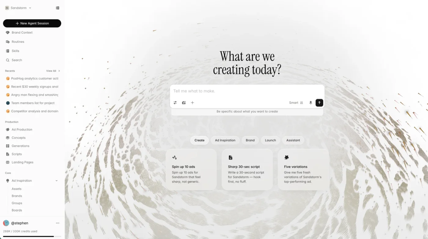 The Sandstorm home screen: one prompt box reading Tell me what to make, over a spiral of sand, with shortcuts to spin up ten ads, write a 30-second script or make five variations