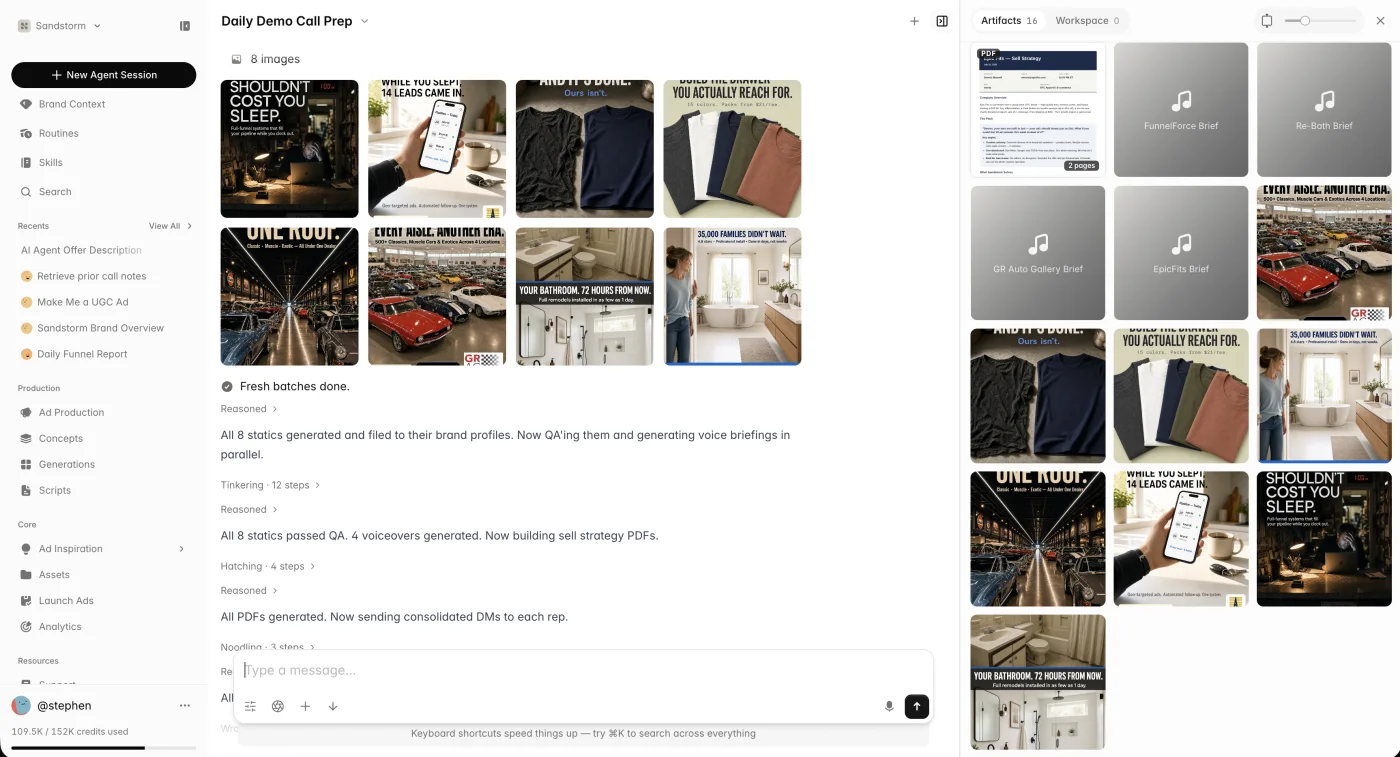 A Sandstorm agent session: eight finished static ads for four brands in the thread, a log of the checks, voiceovers and strategy PDFs it ran next, and every finished file in a panel alongside