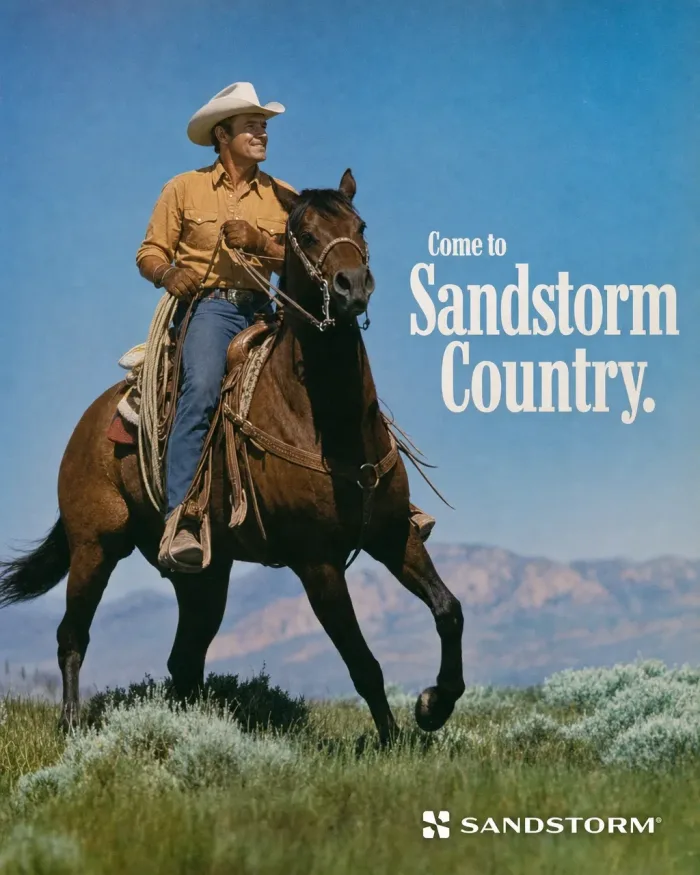 Sandstorm ad in vintage western style reading Come to Sandstorm Country, with a rider on horseback