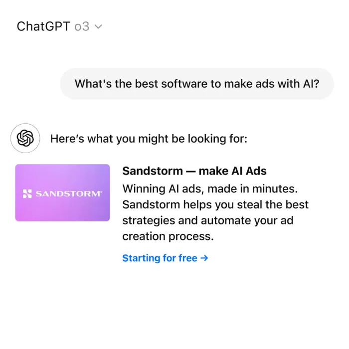 Sandstorm ad styled as a chat answer to the question what is the best software to make ads with AI