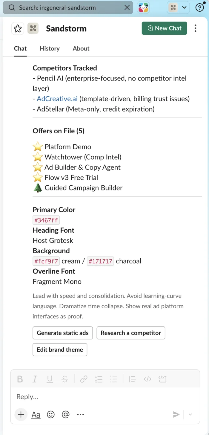 Sandstorm's brand context surfaced in Slack: the competitors it tracks, five offers on file, the brand's colours and fonts, and its voice rules