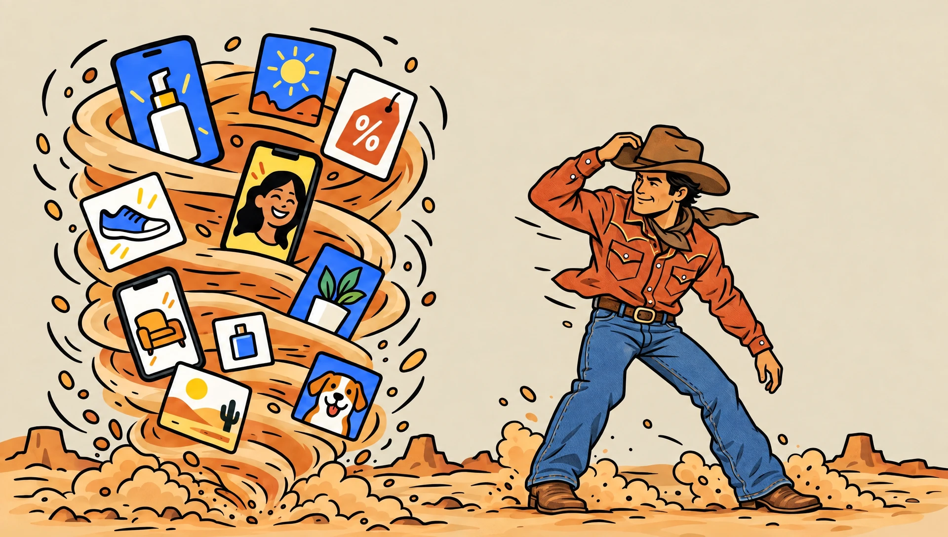 Illustrated cover: a sandstorm tornado sweeping up a dozen ad cards while a cowboy holds his hat and braces against it