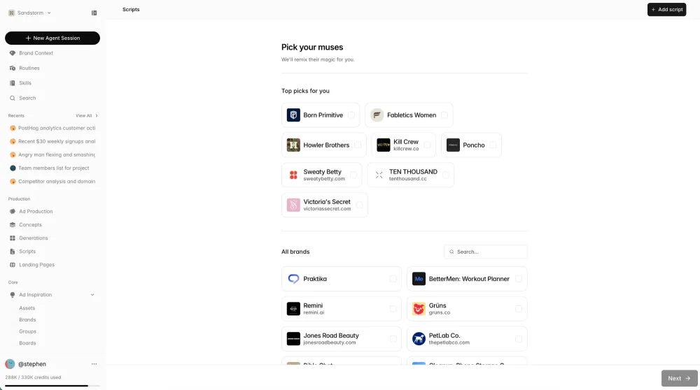 Sandstorm's Pick your muses screen: choose the brands whose creative you admire and it writes in their register