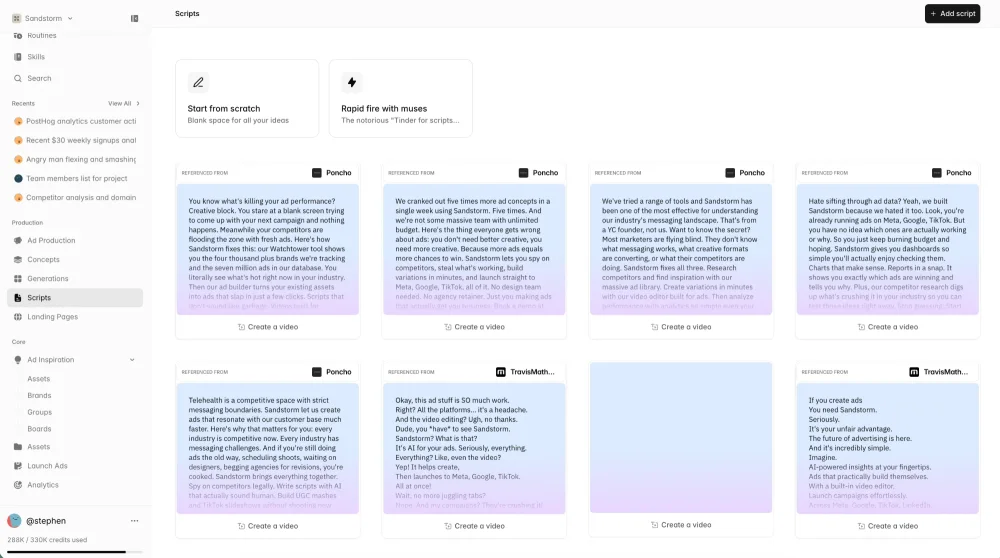 Sandstorm scripts: rapid fire with muses, and a wall of finished video scripts each one click from becoming a video