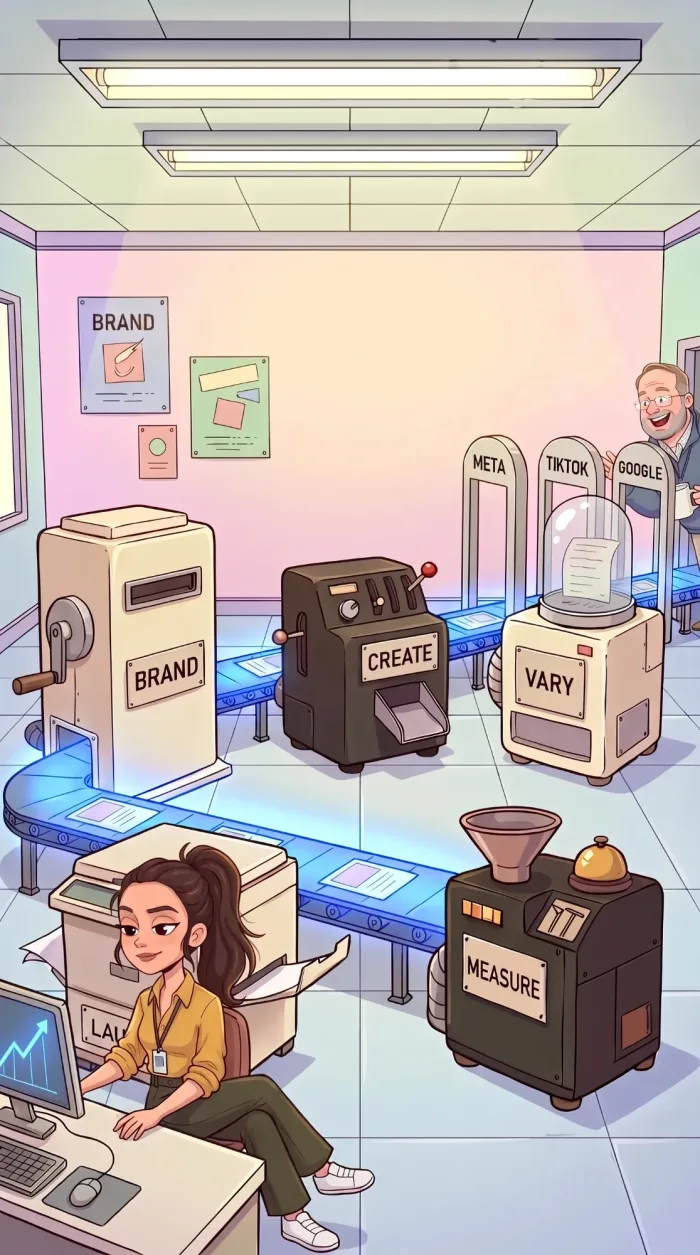Illustration of the same room with the machines joined into one conveyor: Brand, Create, Vary, then Meta, TikTok and Google, ending at Measure