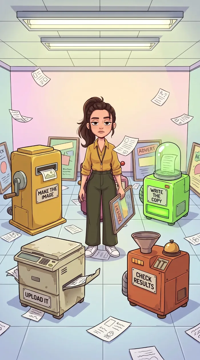 Illustration of a marketer alone in a room with four disconnected machines labelled Make the image, Write the copy, Upload it and Check results, loose paper everywhere