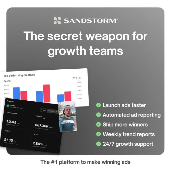 The same Sandstorm ad with one phrase swapped, headlined The secret weapon for growth teams