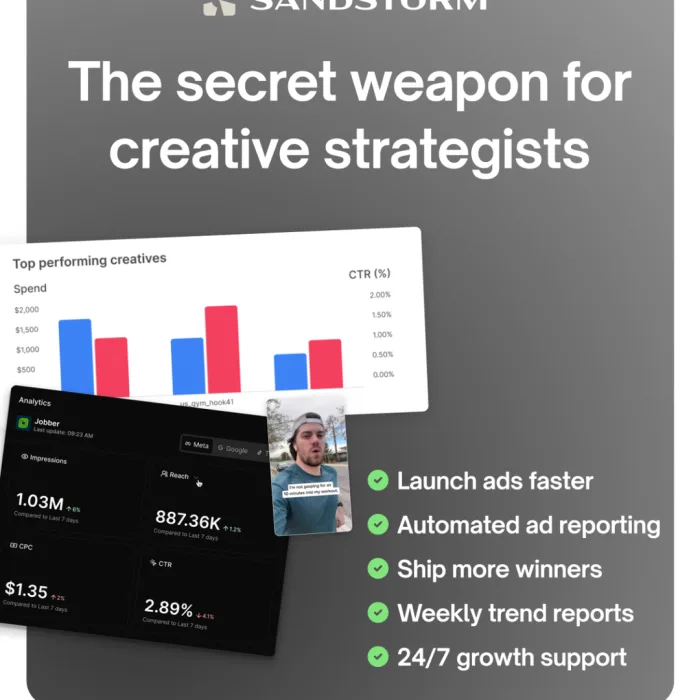 Sandstorm ad headlined The secret weapon for creative strategists over a performance dashboard