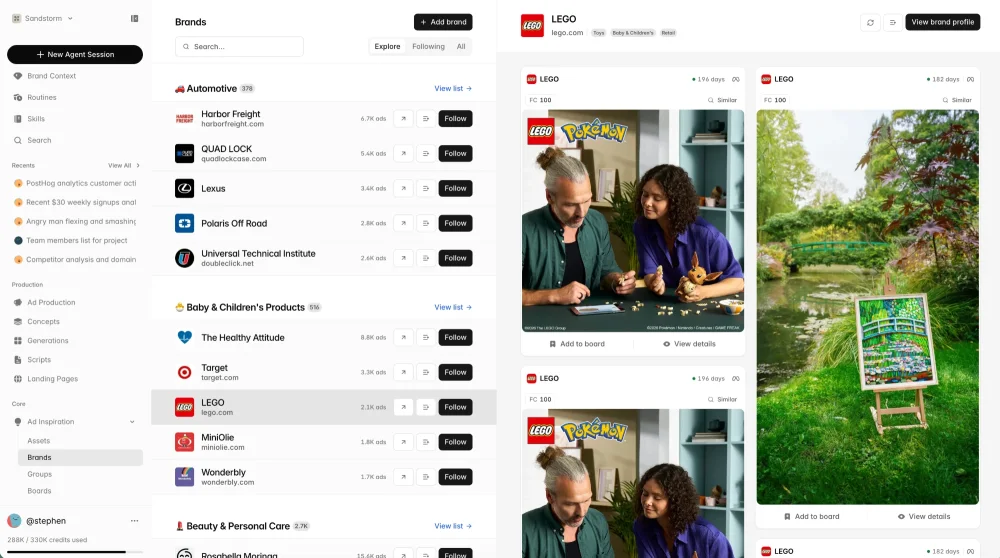 Watchtower: competitor brands grouped by category with their ad counts, and one brand's longest-running ads open alongside
