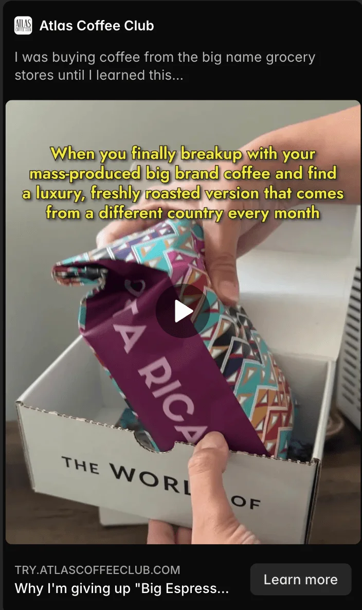 Atlas Coffee Club ad unboxing a World Tour shipment, a Costa Rica bag lifted from the box, promising freshly roasted coffee from a different country every month