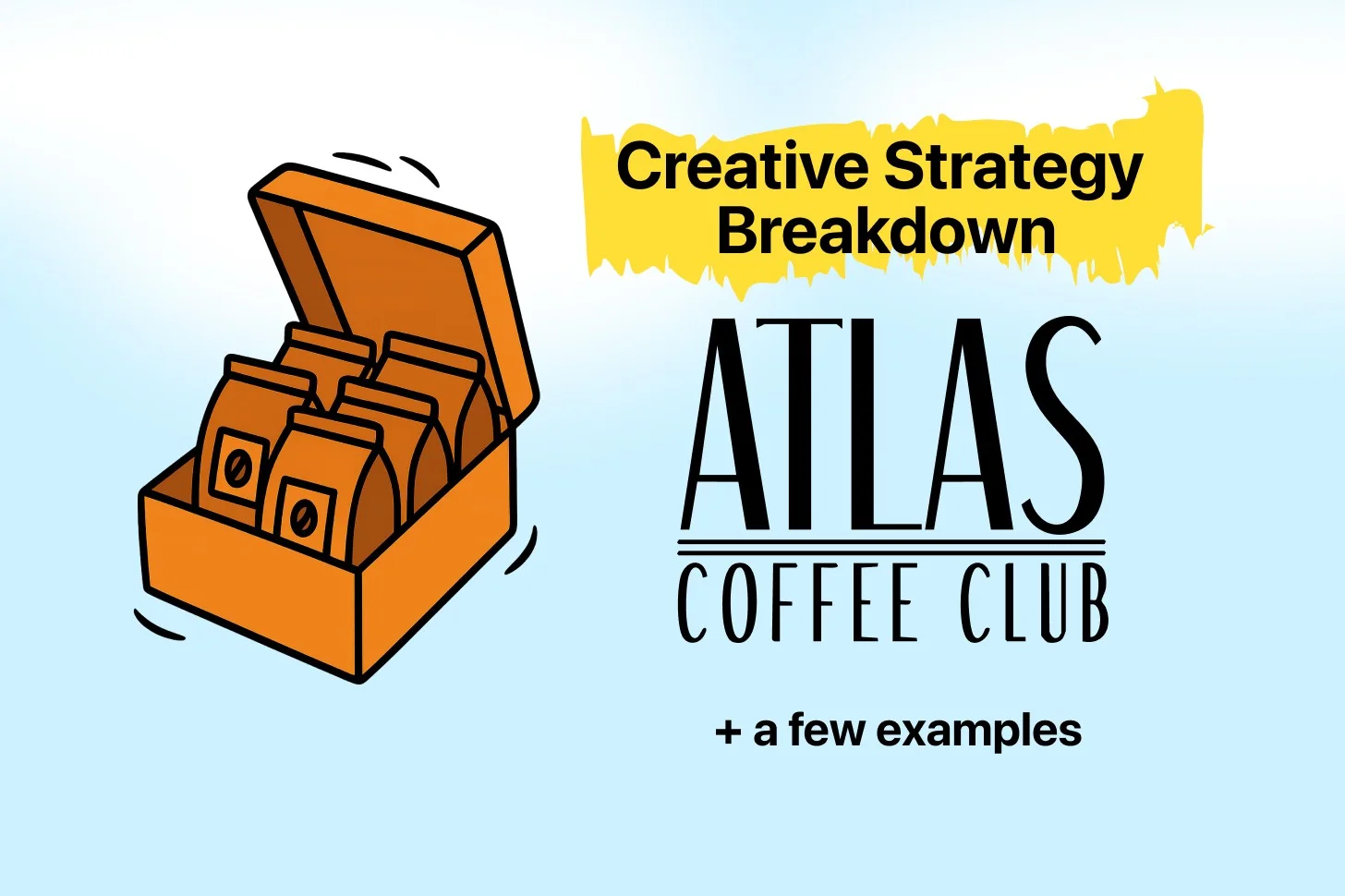 Illustrated cover: Creative Strategy Breakdown, Atlas Coffee Club, with an open box of coffee bags