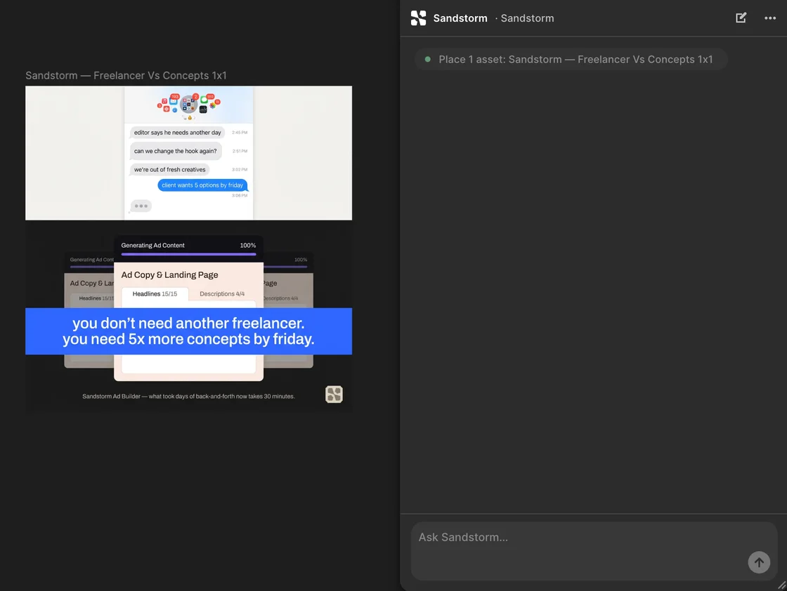 A Figma canvas with a finished Sandstorm 1:1 ad frame, and the plugin panel showing the asset it just placed