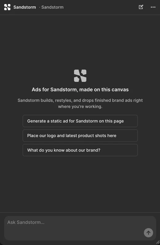 The Sandstorm plugin panel in Figma before the first request, with three suggested asks