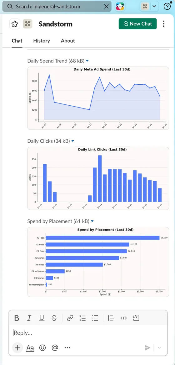 Sandstorm in Slack posting daily spend, daily clicks and spend-by-placement charts