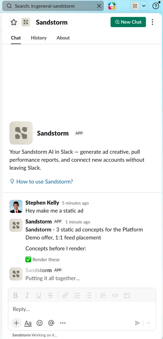 Sandstorm in Slack: asked to make a static ad, it replies with three concepts for the offer and a Render these button
